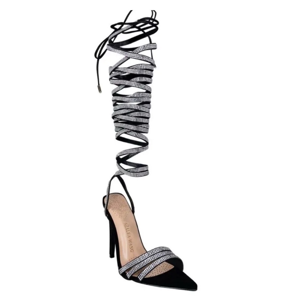 Azalea Wang Rhinestone Strappy Lace Up Black and Silver Heels